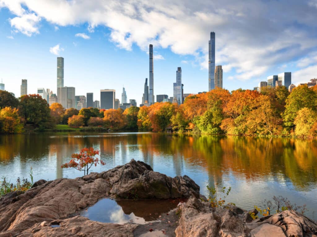 View of the fall foliage around the Central Park and Lake at Manhattan