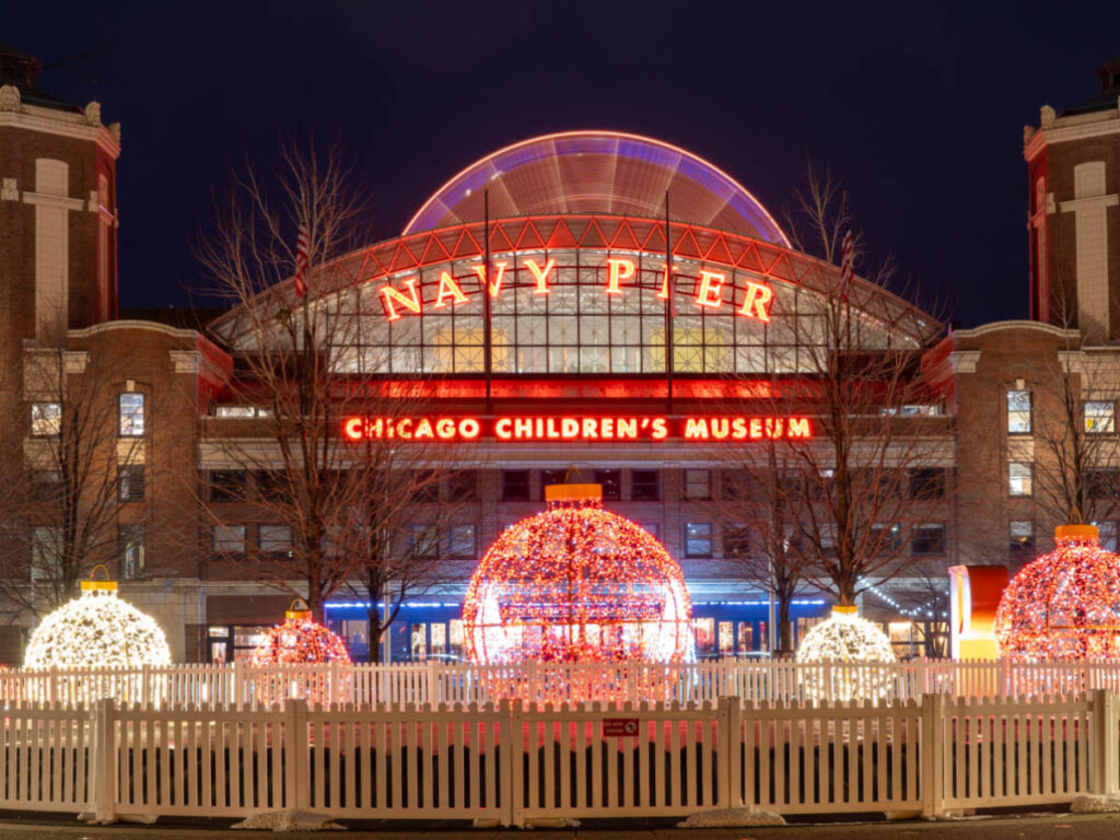 View of Navy Pier adorned with holiday decorations