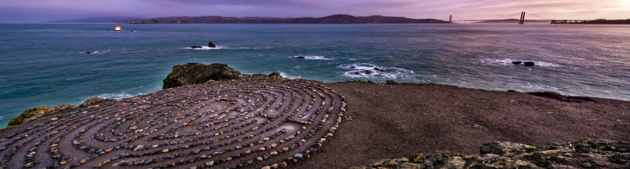 Aerial view of the Lands End Lookout labyrinth and ocean at dawn