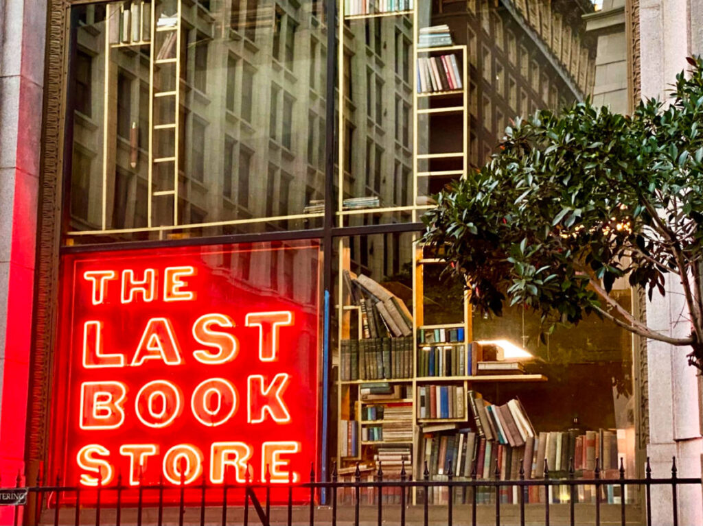 View of the neon signage of The Last Bookshop