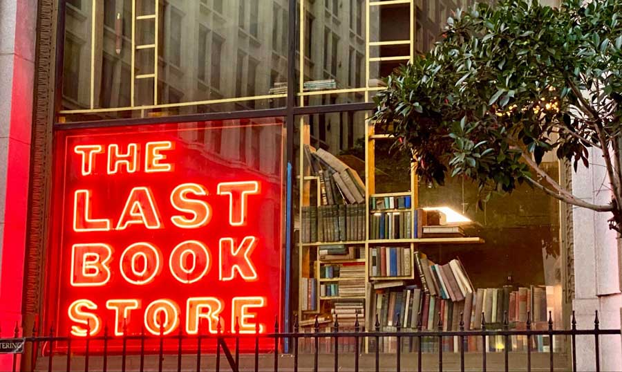The Last Bookstore neon sign seen from the outside