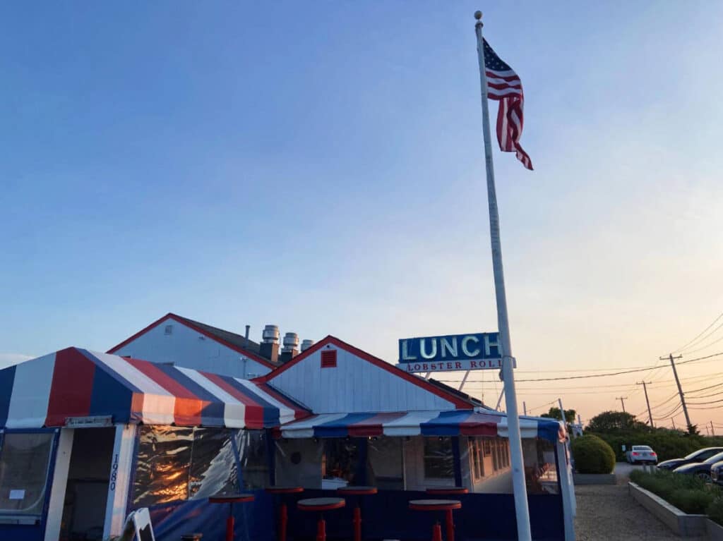 An American flag outside The Lobster Roll Amagansett