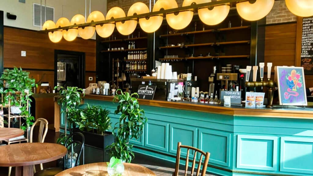Interior view of the The Lovage Unique with a unique light at the counter