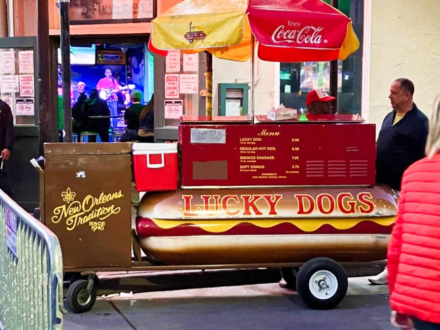 View of The Lucky Dog cart in the New Orleans French Quarter