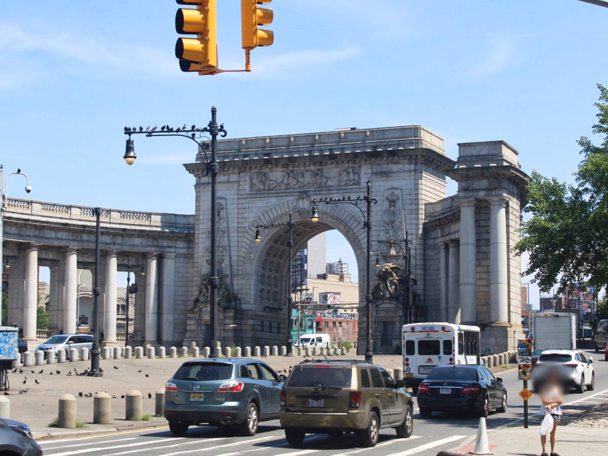 view of the Manhattan Bridge from across the road