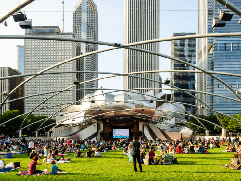 Crowd watching the Summer Music Series at the Jay Pritzker Pavilion