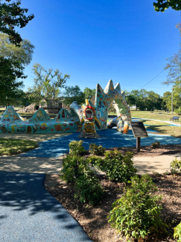 The colorful mosaic dragon at the Fannie Mae Dees Park