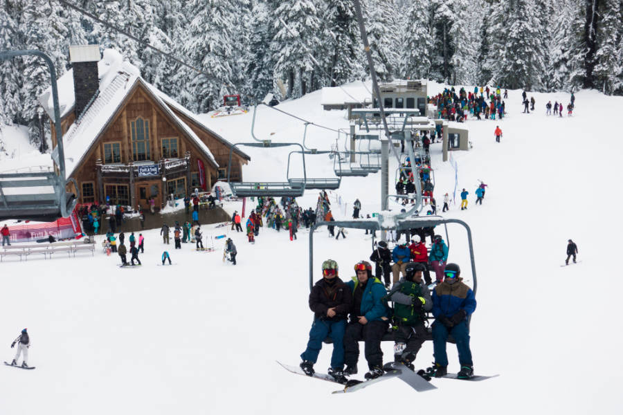 View of the crowd at the ski lift system at Mount Baker ski area during winter