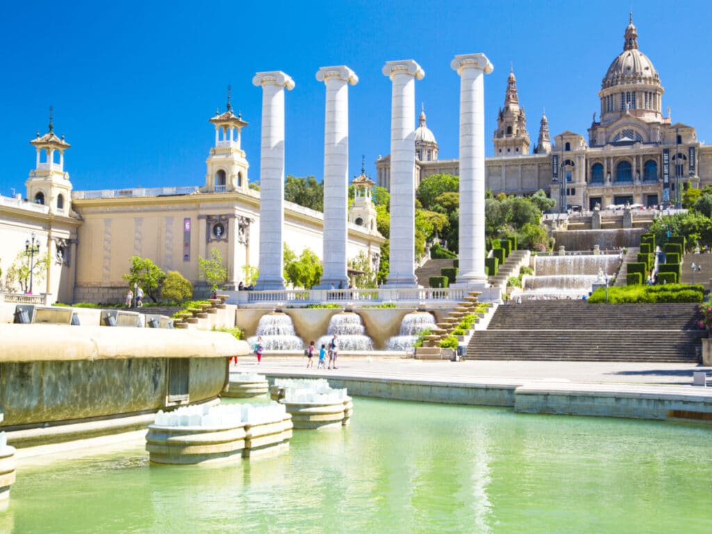 View of the gorgeous waterfront and exterior of the National Museum of Catalan Art