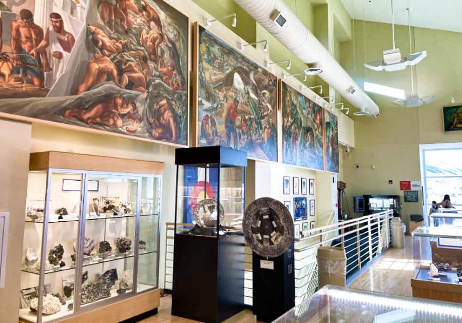 View of the displayed gems, minerals, and mining artifacts at the museum of School of Mines