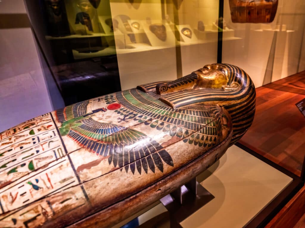 Closeup view of the ancient Egyptian artifacts inside the National Archaeological Museum