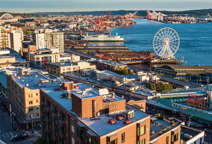 Aerial view of downtown Seattle and waterfront port with the Great Wheel