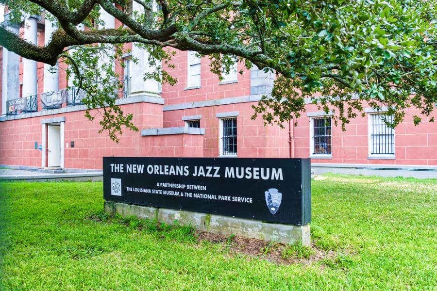 View of the landmark signage at The New Orleans Jazz Museum