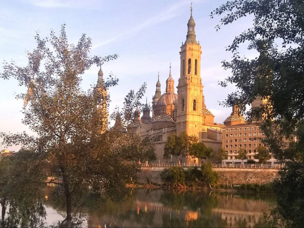 Exterior view of The Nuestra Señora del Pilar Cathedral at sunset