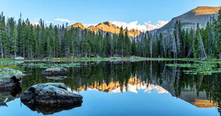 Reflection of Longs Peak at the clear water of Nymph Lake
