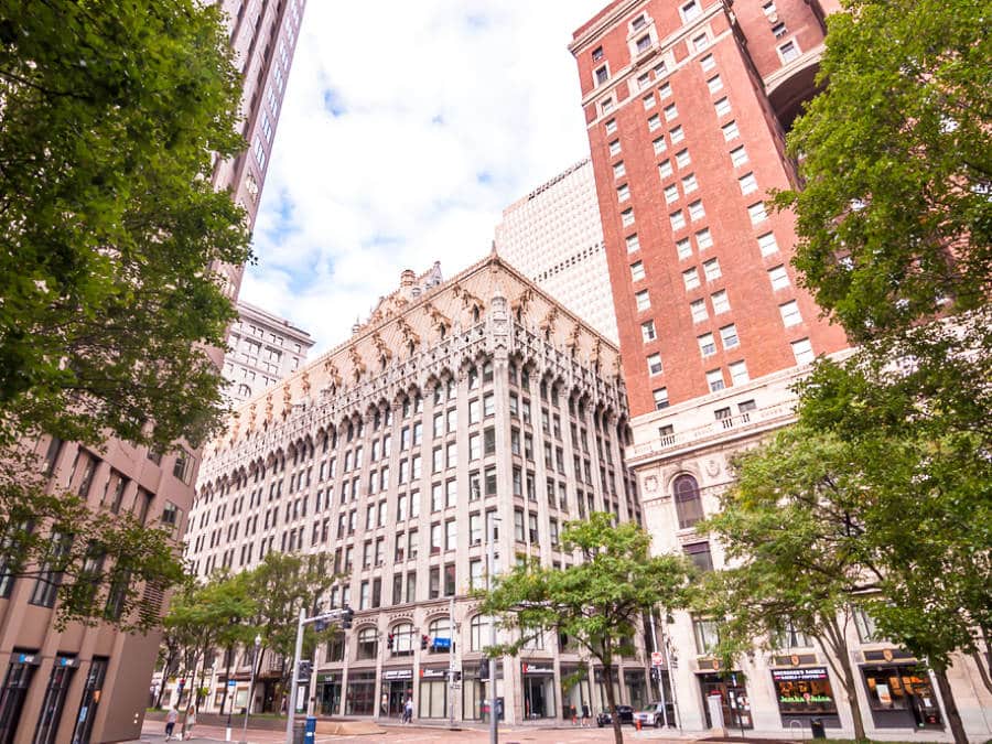 Exterior view of the Omni William Penn Hotel from across the street