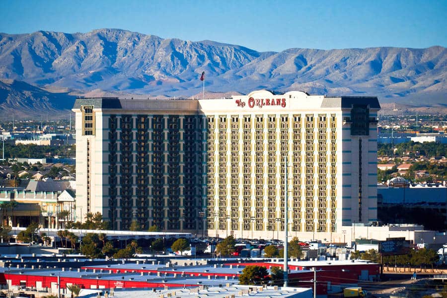 Aerial view of the mountain valleys, city, and The Orleans Hotel & Casino