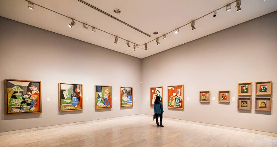 A woman looking at a painting inside The Picasso Museum