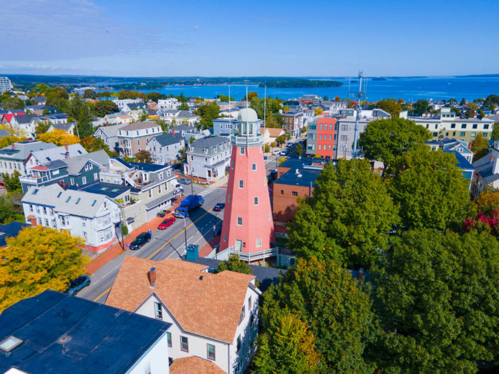 Aerial view of The Portland Observatory and the 138 Congress Street on Munjoy Hill