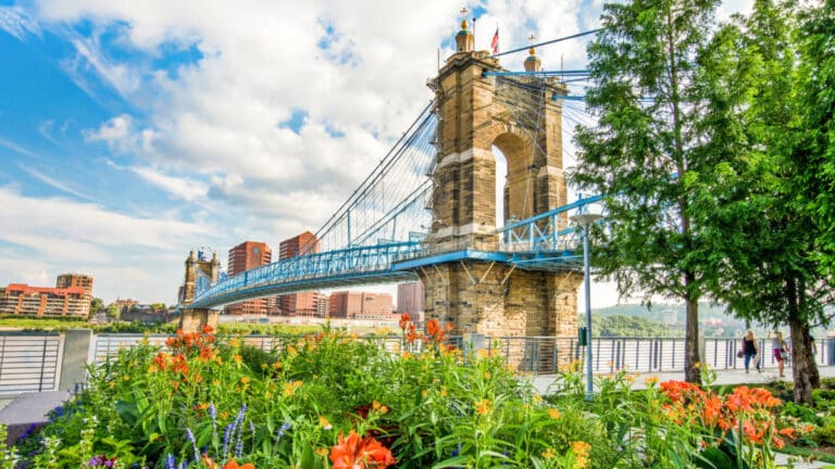 View of the John A Roebling Suspension Bridge from the Smale Riverfront Park