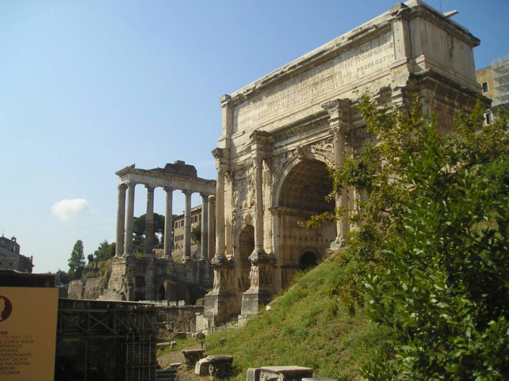View of the grand arches and columns of the Roman Forum