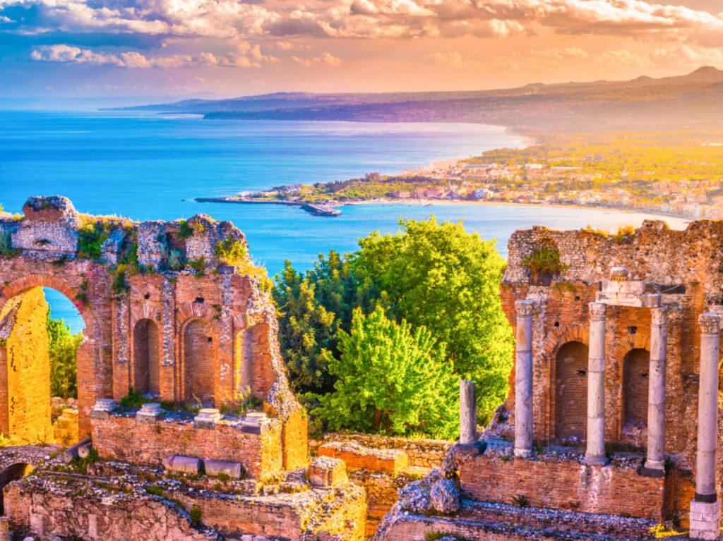 Scenic view of the Ruins of Taormina Theater at sunset