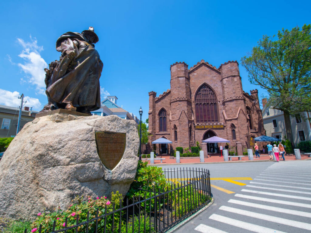 View of the Roger Conant statue in front of Salem Witch Museum