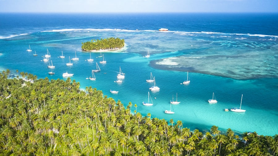 Aerial view of the sailing boats around The San Blas Islands