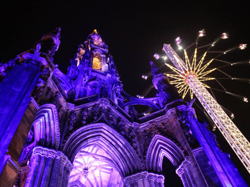Perspective view of The Scott Monument at night