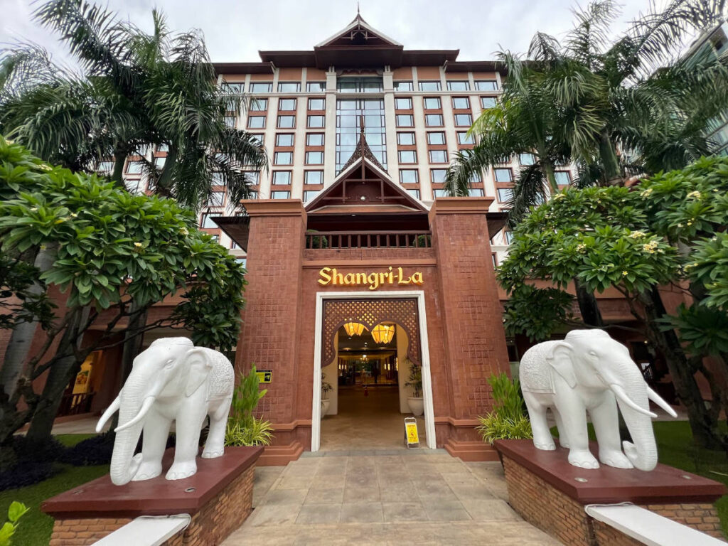 View of the entrance at The Shangri-La featuring two elephant statues