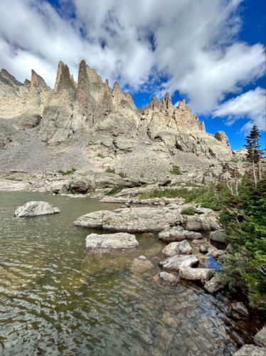 View of Sky Pond and the Sharkstooth formations
