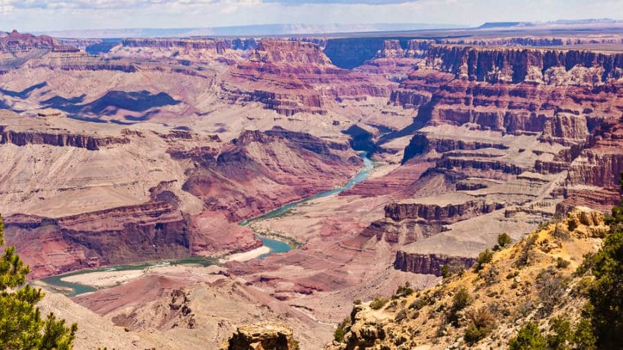 Aerial view of the rock formations in the South Rim of the Grand Canyon National Park and Colorado River