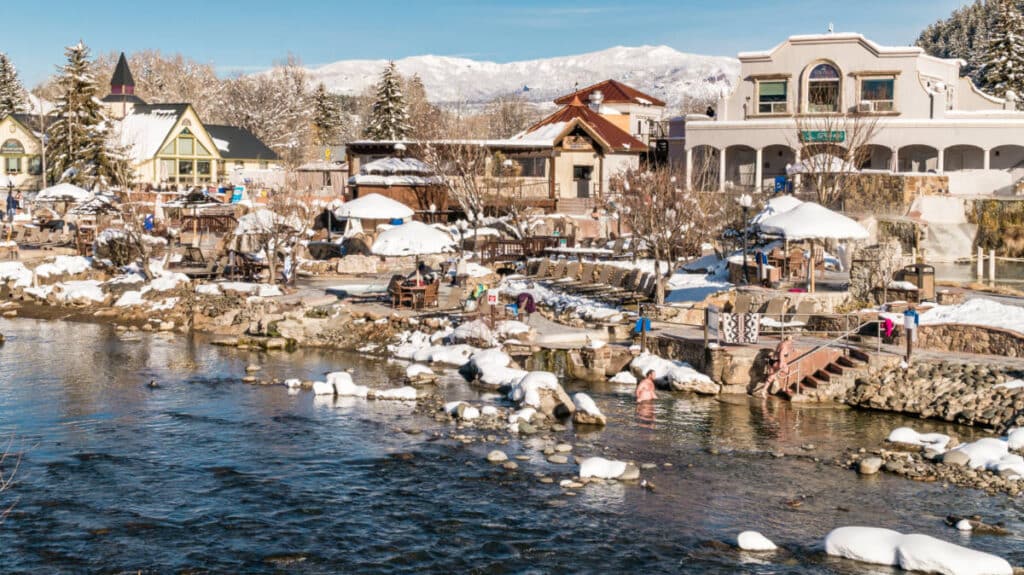 Panoramic view of The Springs Resort & Spa with natural pools in winter