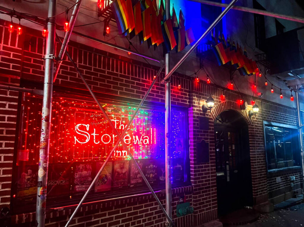 View of the exterior and the LED signage of The Stonewall Inn at night
