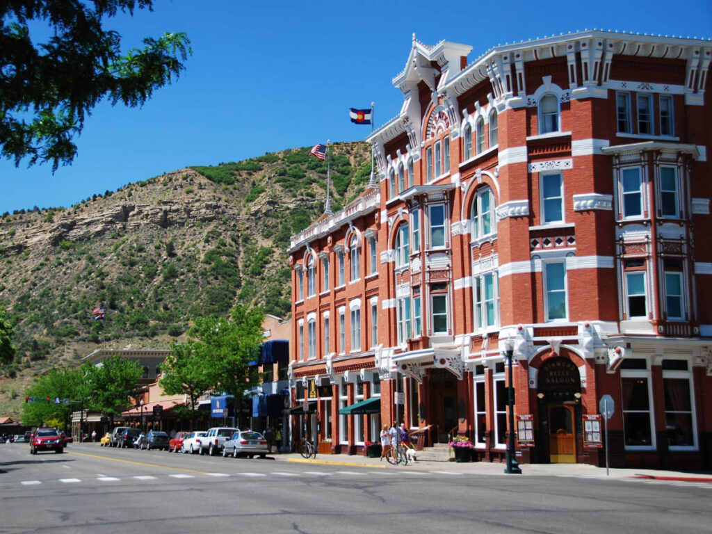 Clear blue sky over the Strater Hotel building in Colorado