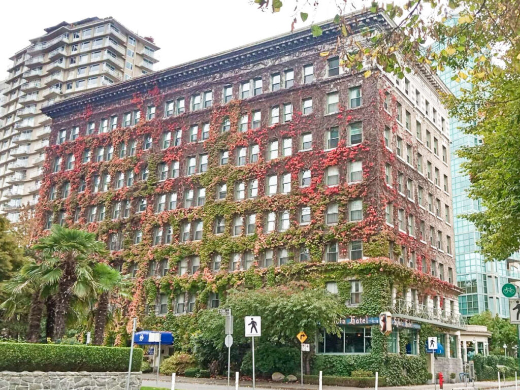 View of the fall foliage around the exterior of The Sylvia Hotel