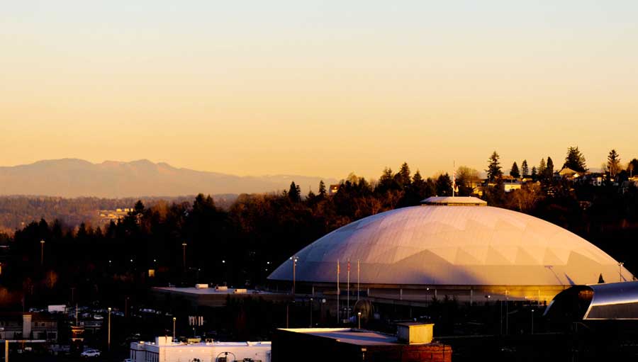 The colorful sky above Tacoma Dome during sunset