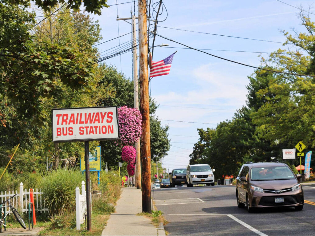 The Trailways Bus Station signage along the road