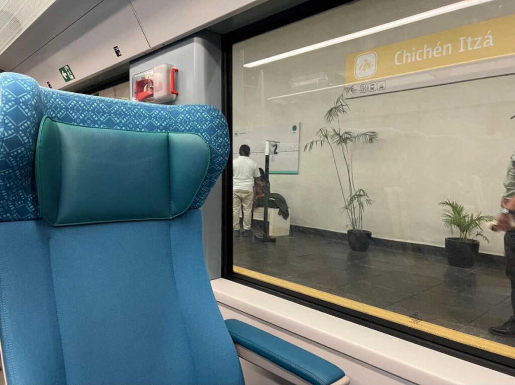 Closeup look of the seat beside the window inside the Tren Maya