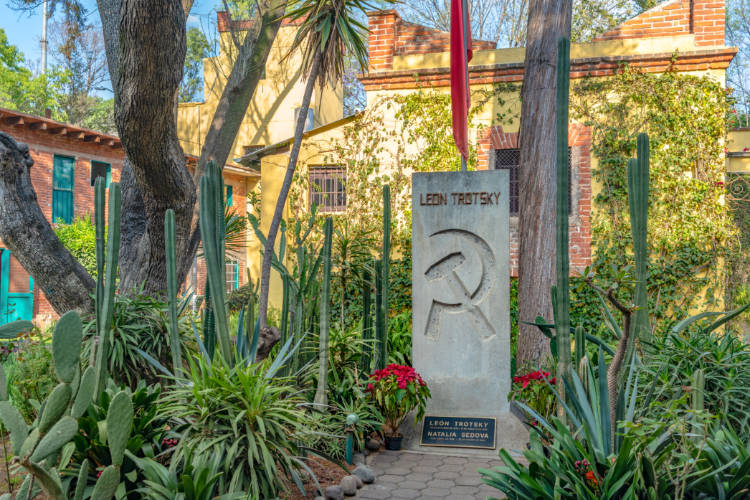 View of monument in interior courtyard at the Trotsky Museum in Mexico City