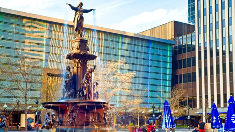 A bronze statue of Tyler Davidson on the fountain in the main plaza of Cincinnati