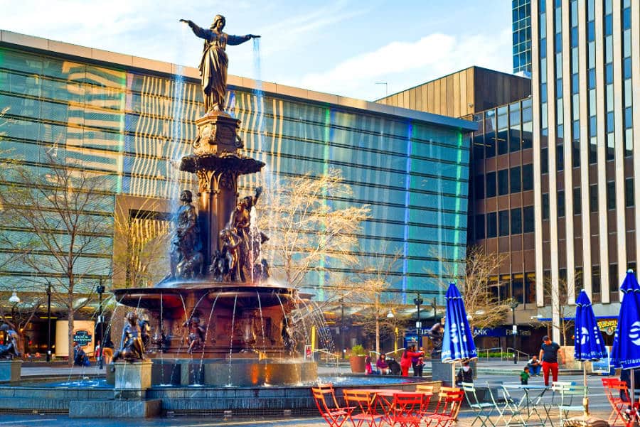 View of the Tyler Davidson Fountain at Fountain Square during sunset