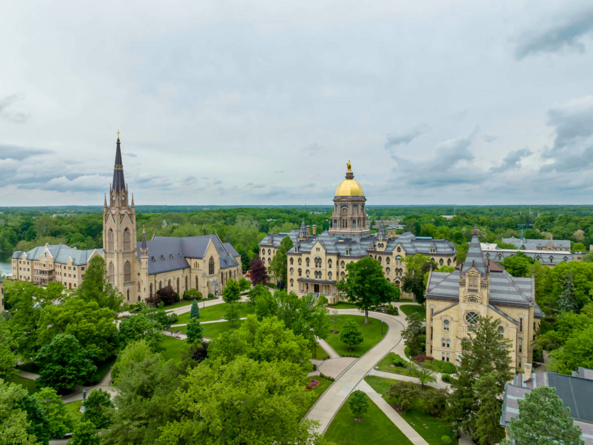Aerial view of The University of Notre Dame surrounded by greenery