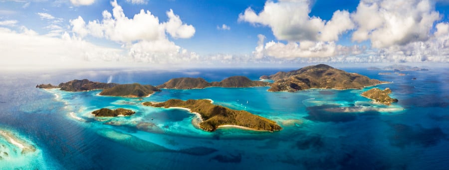 Aerial view of the deep blue ocean water around the Virgin Islands