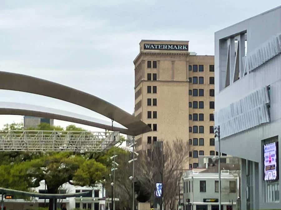 Exterior view of the Watermark Hotel from a distance in Baton Rouge
