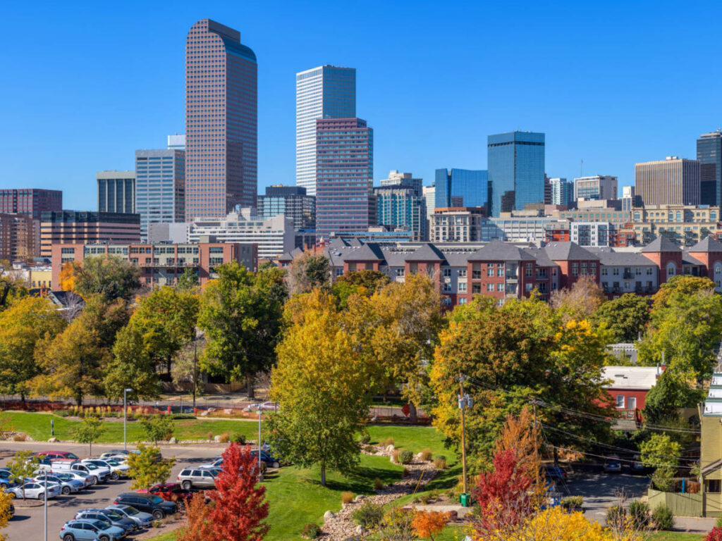 A panoramic view of Downtown Denver showing The Wells Fargo Center