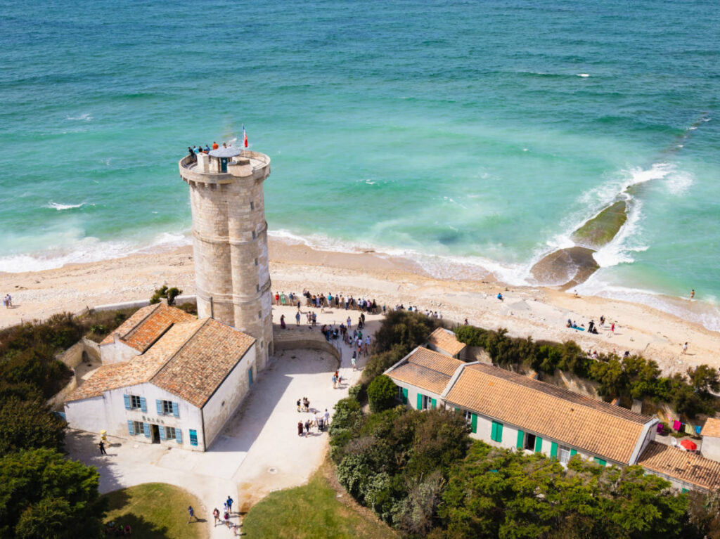 Aerial view of The Whales Lighthouse at the western tip of the Île de Ré