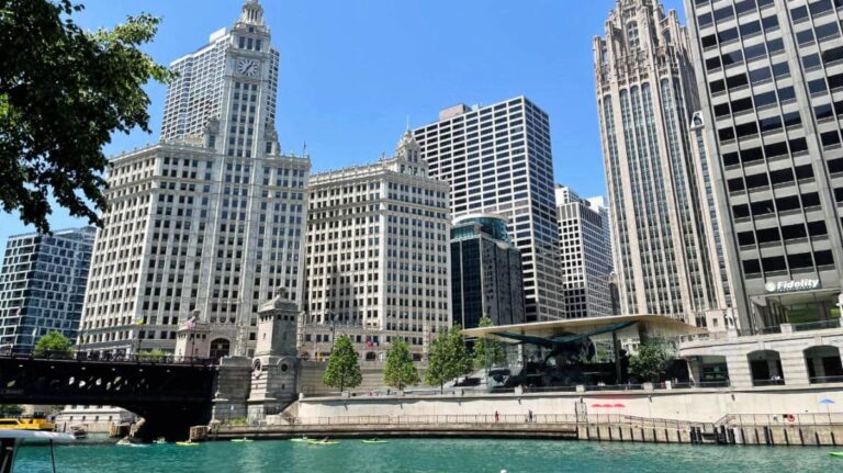 View of Wrigley Building and Tribune Tower from the Chicago Riverwalk