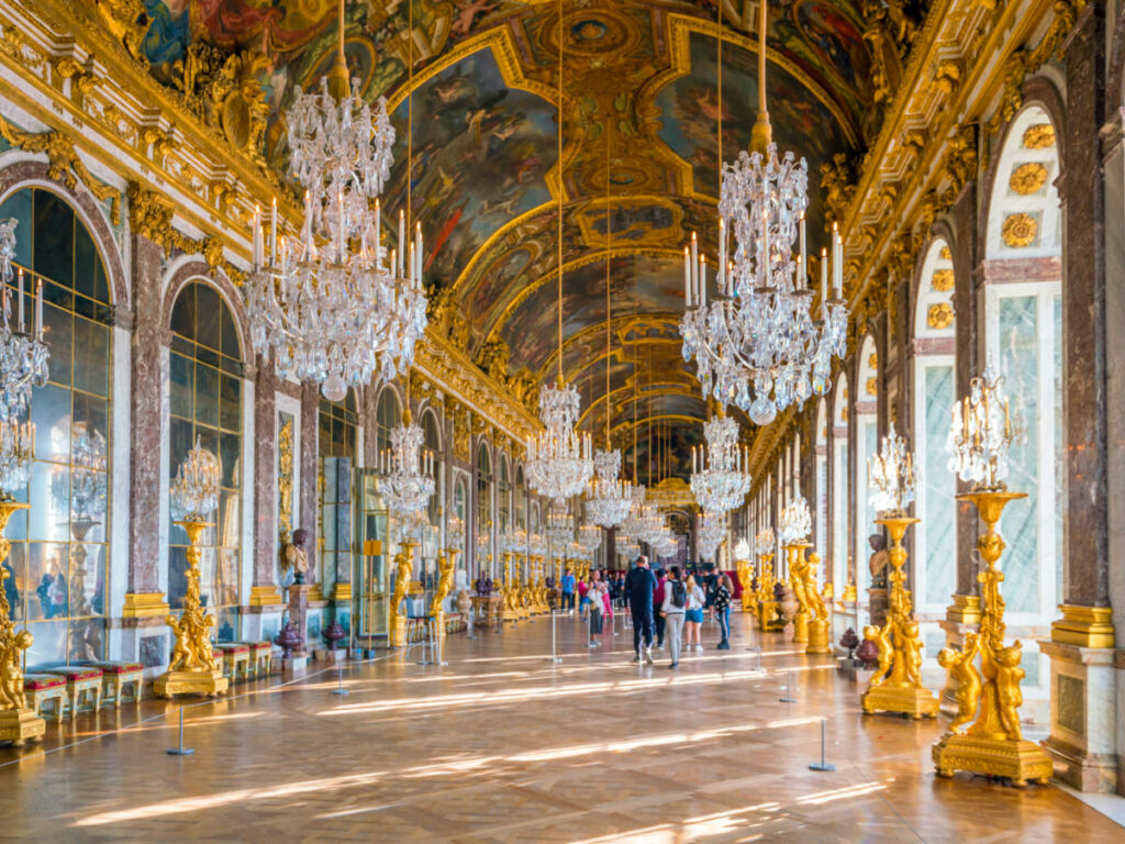 The view inside the hall of mirrors in the central wing of Palace of Versailles