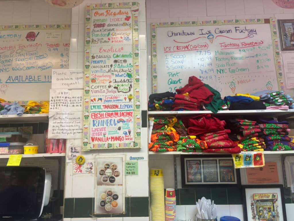 The menu written on a white board hanged on a wall at Chinatown Ice Cream Factory